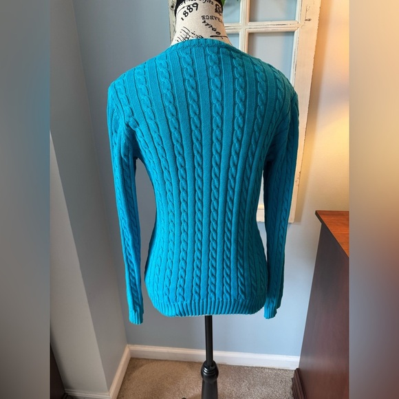 Women’s Lauren Ralph Lauren Turquoise Cable Knot V-Neck Sweater Size Small - Picture 3 of 5